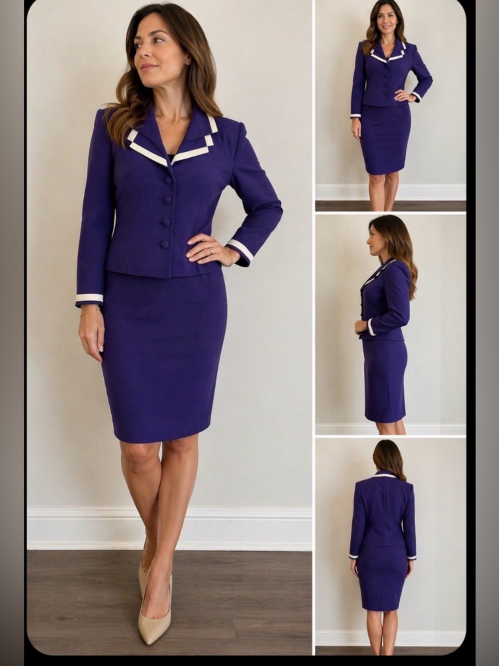 965 Vintage Purple Power Suit Set Spencer Jeremy White Trim Skirt Suit Sz10